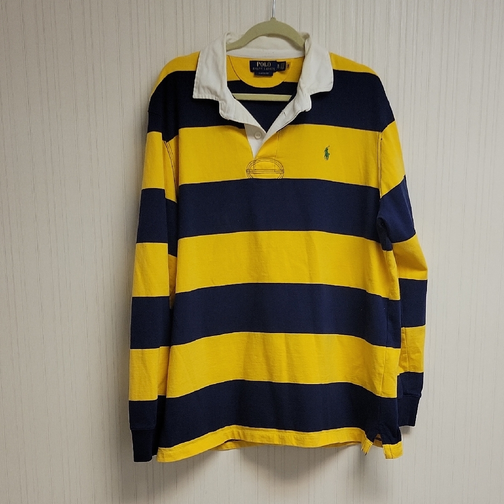 Polo Ralph Lauren Yellow & Navy Striped Rugby Polo Men's XL Preppy